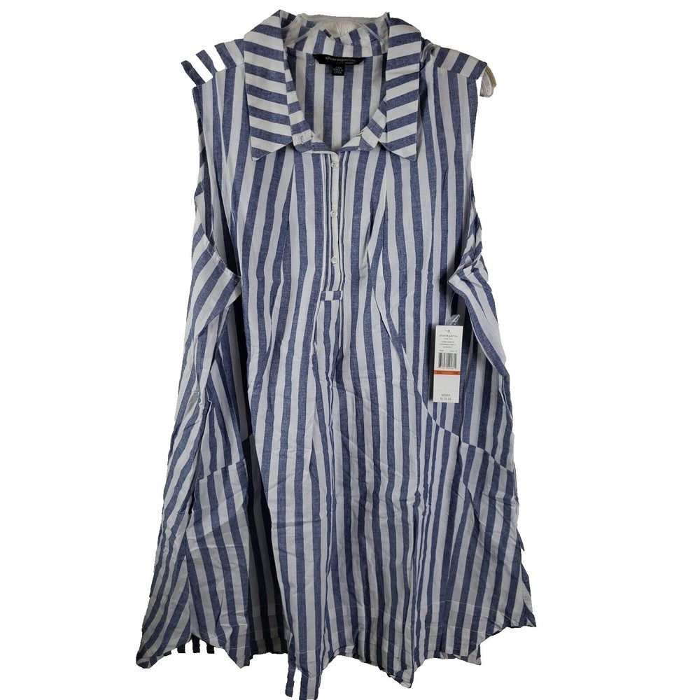 Sharagano Women's  24W  Short Dress Blue White 39In linen blend NEW